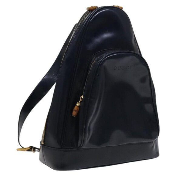 GUCCI Bamboo Shoulder Bag Patent leather Navy Gold 003 2113 0027 Auth th5637 - Picture 1 of 15